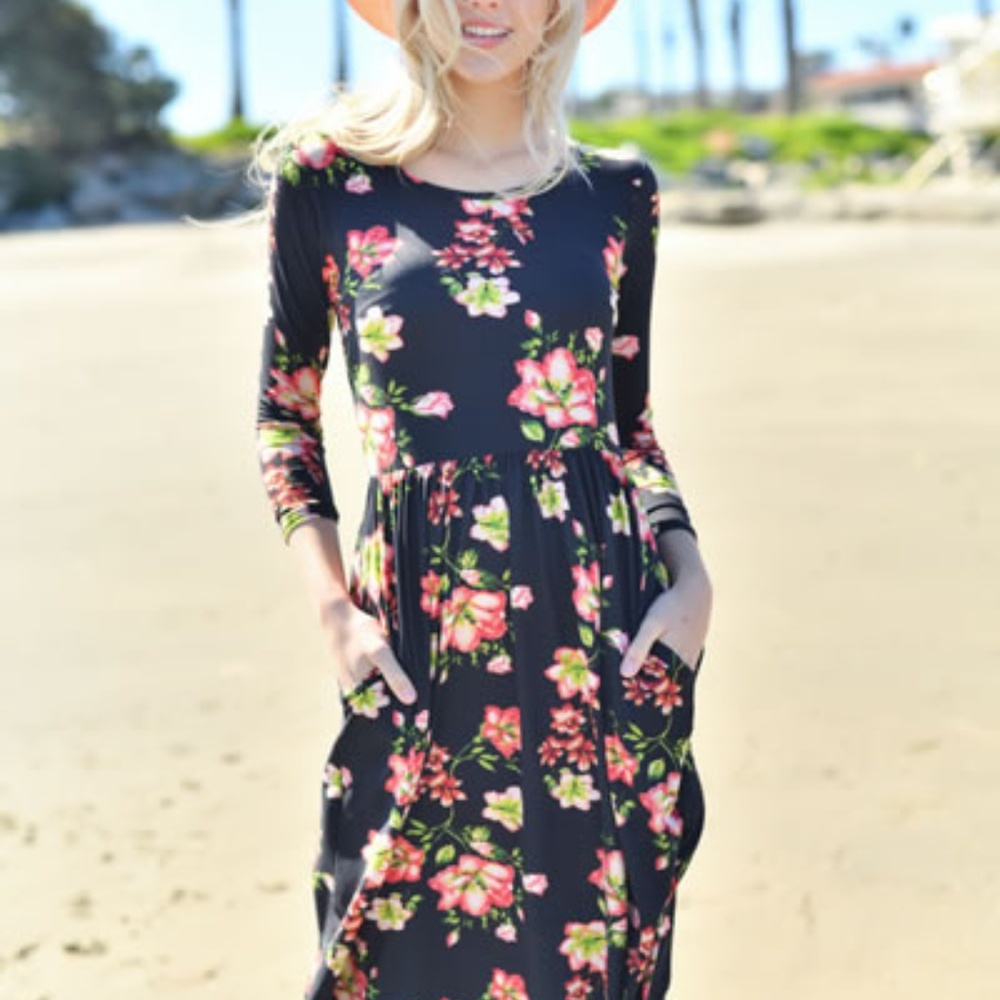 Black Floral Long Sleeves Midi Dress
